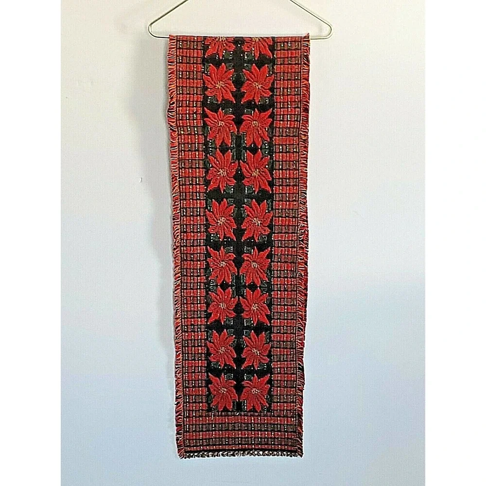 Christmas Table Runner Red Black Green Poinsettia Plaid 12